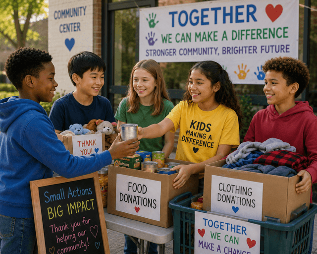 Kids gathered around donation boxes at a community drive — illustrative of the kind of local giving that supports youth programs